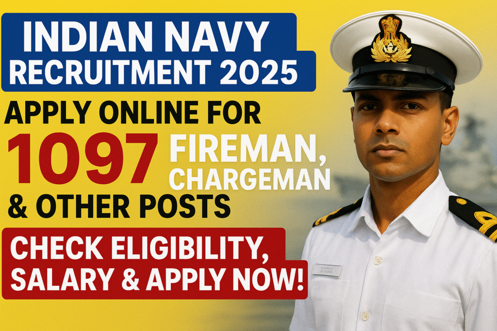 Indian Navy Recruitment 2025: Apply Online for 1097 Fireman, Chargeman & Other Posts – Check Eligibility, Salary & Apply Now!